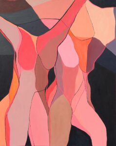 Katarzyna Doroba, Trzy panny, 2023 - obraz z sylwetkami kobiet, róż, czerń, pomarańczowy