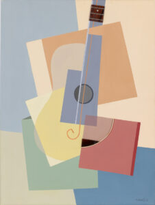 Jan Pływacz, Samotna gitara, 2022 - geometryczny, kolorowy obraz z gitarą, instrument