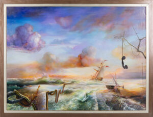 Zdzisław Majrowski-Meyro, Bez tytułu - obraz surrealistyczny, morze, niebo, pastelowe barwy