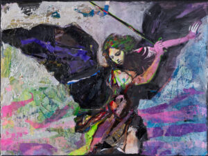 Monika Solorz, Anioł z mieczem (na podstawie obrazu Francesco Cozza), 2023 - obraz z aniołem, fiolet, zieleń, czerń