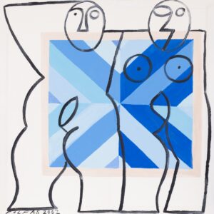 Andrzej Folfas, Podwójny akt z niebieską abstrakcją, 2002 - graficzny obraz, biało-niebieski, postacie