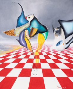 Tomasz Jaxa Kwiatkowski, Arlekin, 2023 – kolorowy obraz, surrealizm, szachownica
