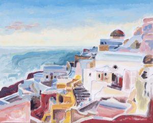 Gabriela Paluch, Grecka architektura, 2024 - jasny obraz z widokiem na domy i morze, Grecja