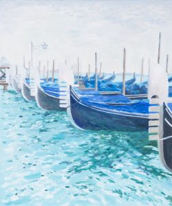 Tiana Breeze, Venice, 2023 - obraz w błękicie i turkusie, widok na łodzie w wenecji