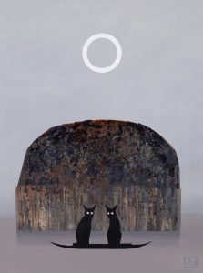Jadwiga Wolska, GEO 115, 2024 - szary obraz ze skałą i czarnymi kotami