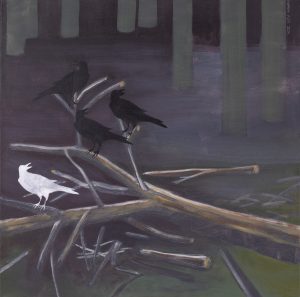 Hanna Kur, Radość z cudzego upadku, 2024 - ciemny obraz z ptakami siedzącymi na gałęzi, czerń, brąz, biel