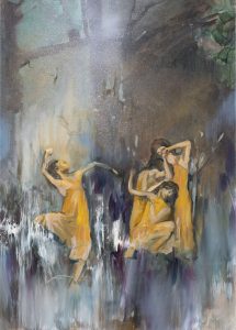 Paweł Wątroba, Przebudzenie, 2024 - obraz z tańczącymi postaciami w żółtych sukniach