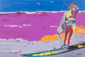 Ewa Krzywińska, Waiting for..., 2024 - kolorowy obraz z kobietą na plaży, fiolet, błękit, zieleń