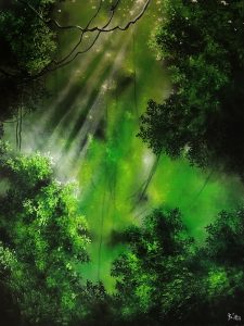 Beata Mura, Oddech lasu XVI, 2024 - bajkowy obraz, las, zieleń, światło