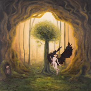Ewelina Wasilewska, Kraina obfitości, 2024 - bajkowy obraz, kobieta ze skrzydłami w lesie