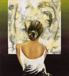 Michał Dąbrowski, Tancerka, 2024 - obraz z kobietą w koku, zieleń, złoto, biel