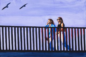 Marcin Kędzierski, Spacer z mewami, 2024 - obraz z parą na moście, błękitne, niebo, ptaki
