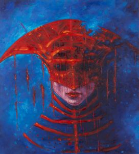 Izabela Szarek, No name, 2024 portret kobiety w czerwonej masce, błękit