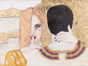 Artem Tuliuk , Tajemnica egipska, 2024 - dekoracyjny obraz z kobietą i mężczyzną, złoto, Egipt