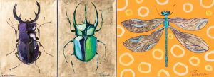 Hanna Pushkarova, Wiosna nadeszła, 2024 - dekoracyjny obraz z owadami, żuk, ważka, złoto