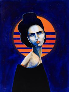 Agata Wereszczyńska Milenium, 2024 portret kobiety na granatowym tle z pomarańczowym kołem