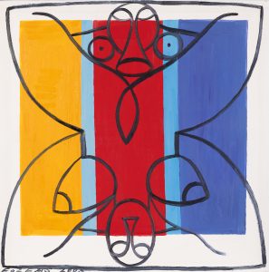 Andrzej Folfas, Góra-dół, 2003 - akt, geometryczna abstrakcja, biel, błękit, czerwień, żółty