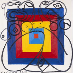 Andrzej Folfas, Kłótnia, 2003 - akt, geometryczna abstrakcja, biel, błękit, czerwień, żółty