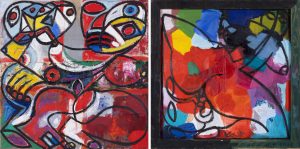 Andrzej Folfas, Ukochane, 2019 - dwustronny obraz, kolorowy akt, postaci w stylu Picassa, czerwień, błękit