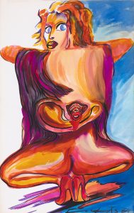 Andrzej Folfas, Ucho, 1984, praca na papierze, malarstwo, figuracja, kolorowy obraz z kobietą, ciało
