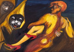 Andrzej Folfas, Upiory Goi, 1983, praca na papierze, malarstwo, figuracja, kolorowy obraz z mężczyzną i potworem, surrealizm, akt, ciało