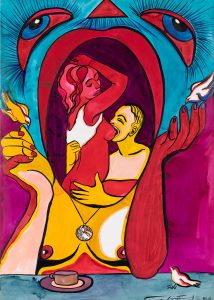 Andrzej Folfas, Głębokie gardło, 1984, praca na papierze, malarstwo, figuracja, kolorowy obraz z kobietą i mężczyzną, erotyk, akt, ciało